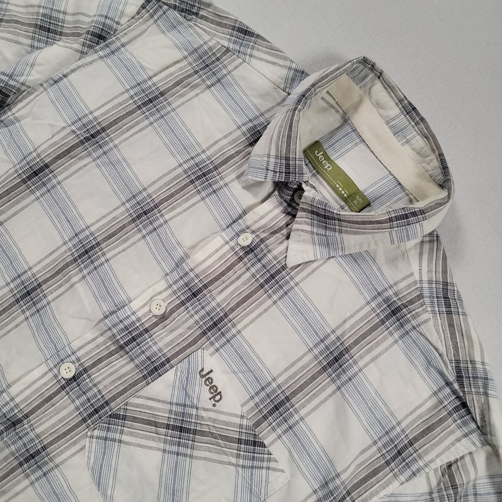 Jeep Plaid‎ Button Down Shirt Mens XL White Blue Gray Short Sleeve Regular Fit